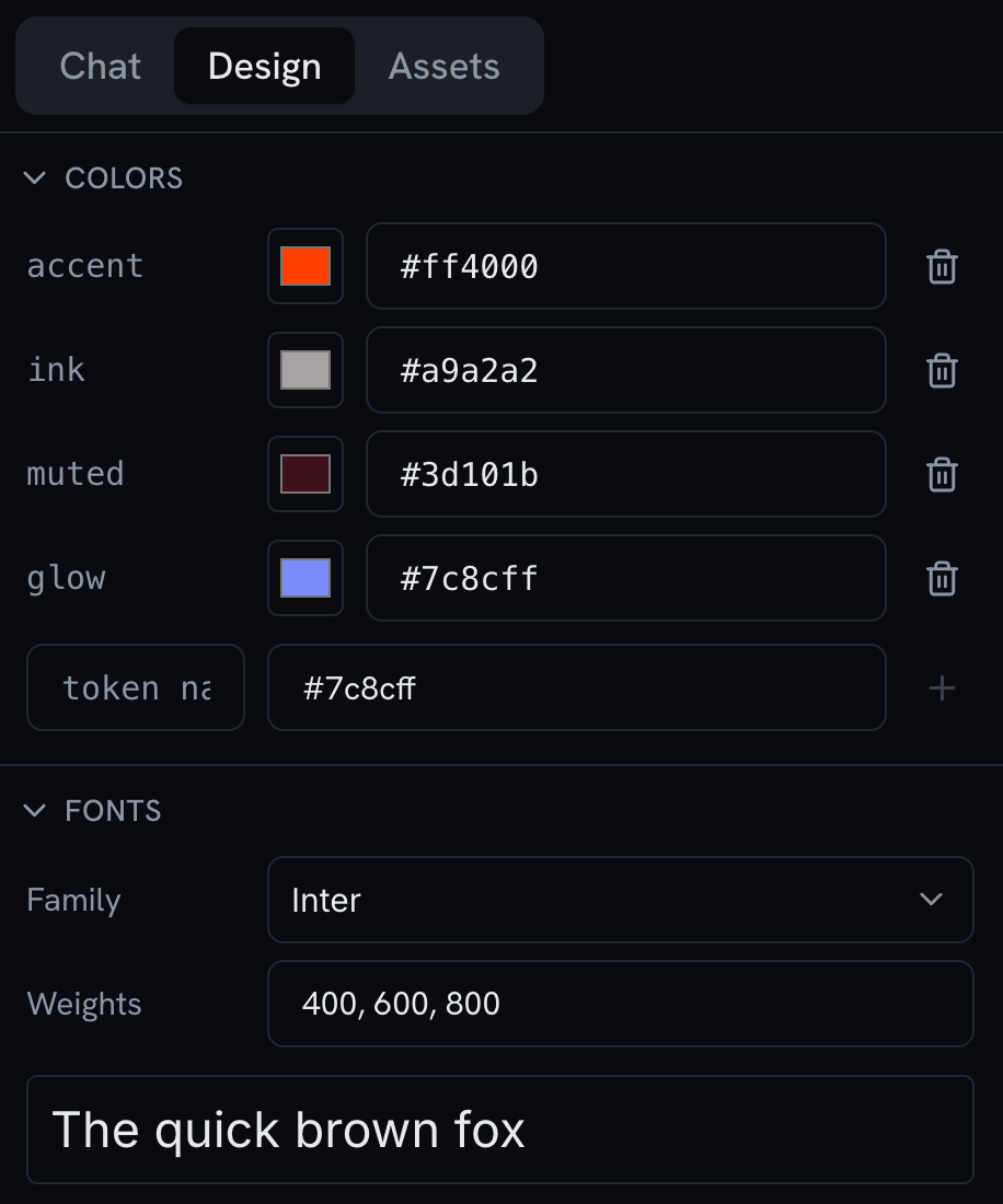 MotionSlick design panel with brand color tokens and font settings
