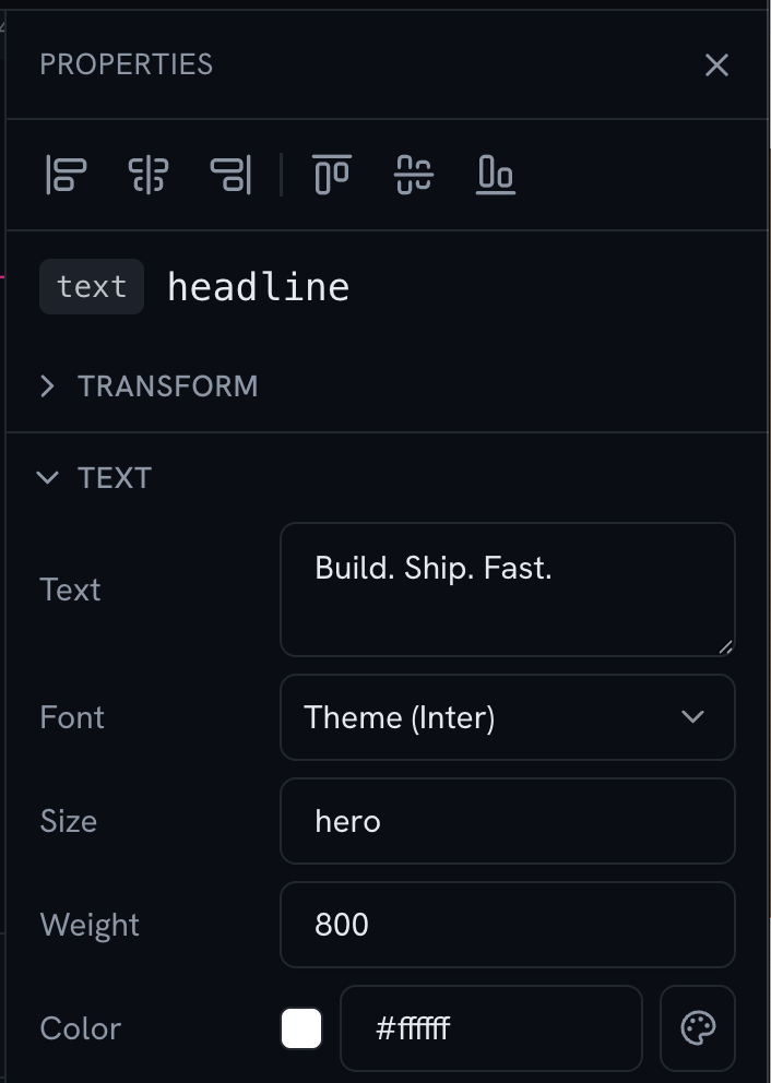 MotionSlick properties panel editing a text layer's font, size, weight and color